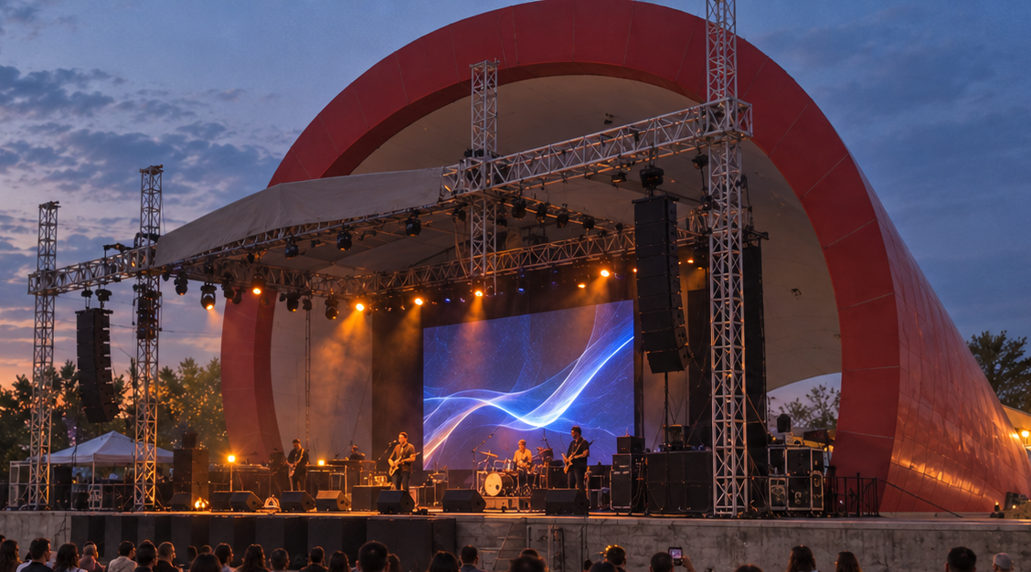 Concierto al aire libre con escenario, audio e iluminación profesional